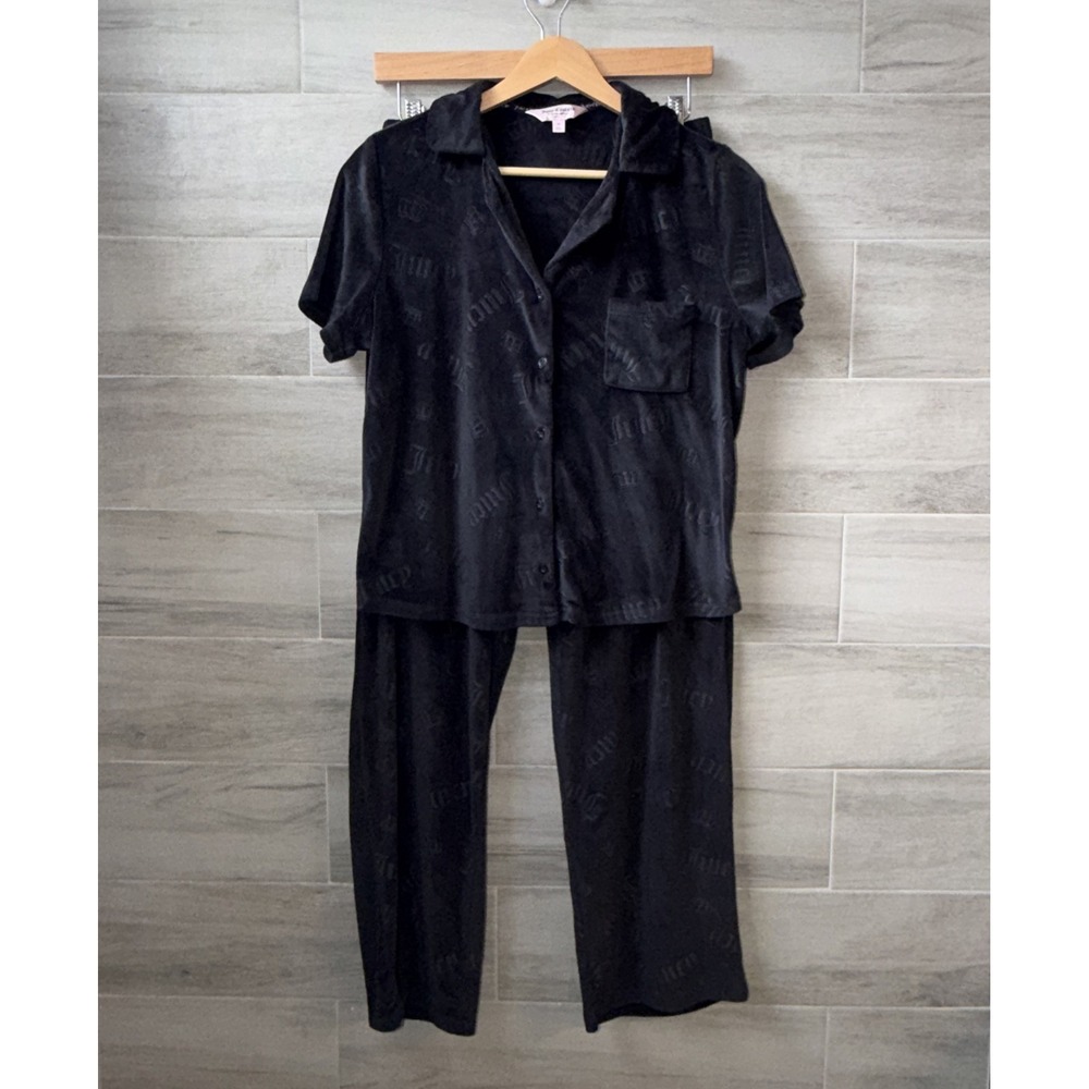 Juicy Couture PJs Black Velour All Over Logo Pajamas Woman's MED Y2K 2pc Set